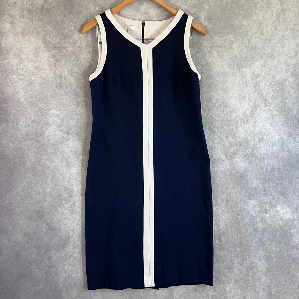 Talbots Sheath Dress Womens 6 Navy Blue White Colorblock Sleeveless Ponte V-Neck